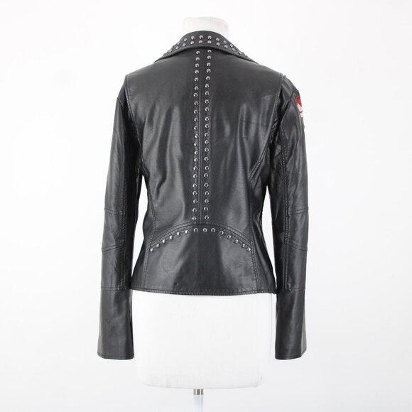 V Christina Sz L Black Silver Studded Floral Pockets Polyurethane AS IS Jacket - Picture 6 of 16